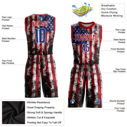 Custom American Flag Basketball Jersey with Personalized Name and Number, White Royal-Red Round Neck Sublimation Suit Personalized