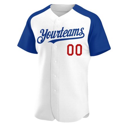 Personalized Authentic Raglan Sleeves Baseball Jersey in White and Royal-Red Personalized White Royal-Red Authentic Raglan