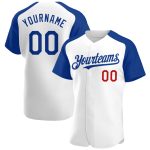 Personalized Authentic Raglan Sleeves Baseball Jersey in White and Royal-Red Personalized White Royal-Red Authentic Raglan