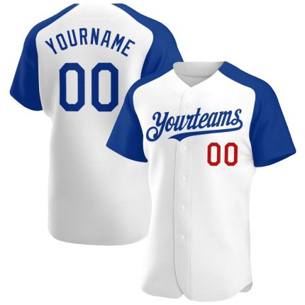 Personalized Authentic Raglan Sleeves Baseball Jersey in White and Royal-Red Personalized White Royal-Red Authentic Raglan