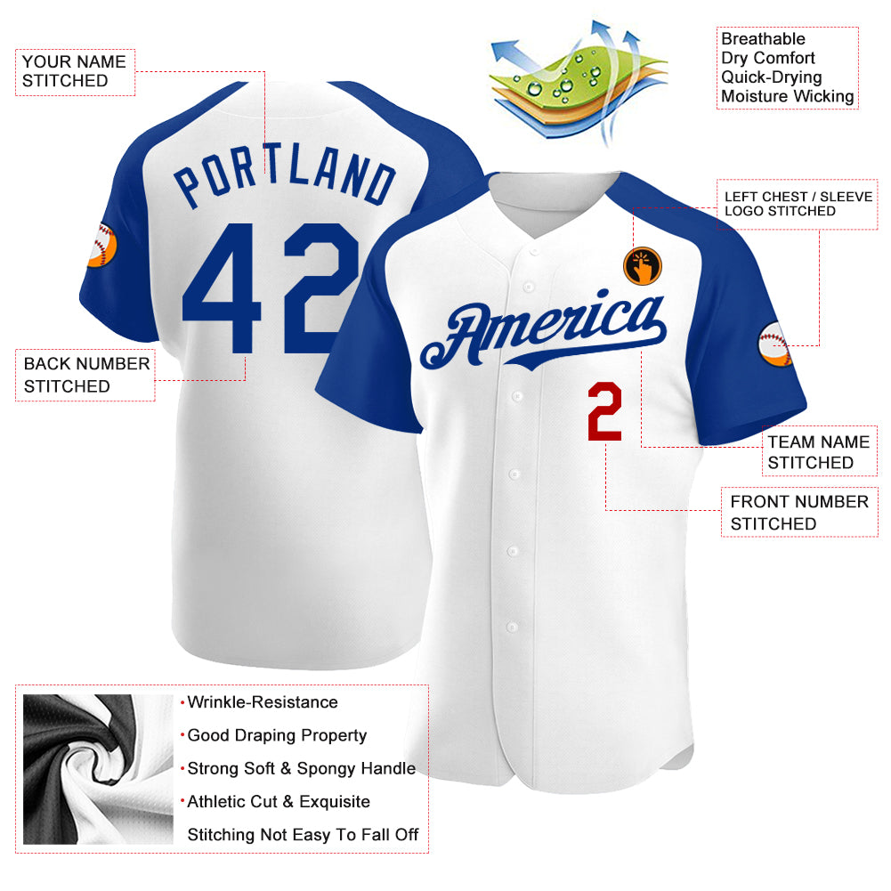 Personalized White Royal-Red Authentic Raglan Sleeves Baseball Jersey Personalized Authentic Raglan Sleeves Baseball Jersey in White and Royal-Red Personalized White Royal-Red Authentic Raglan - Image 3