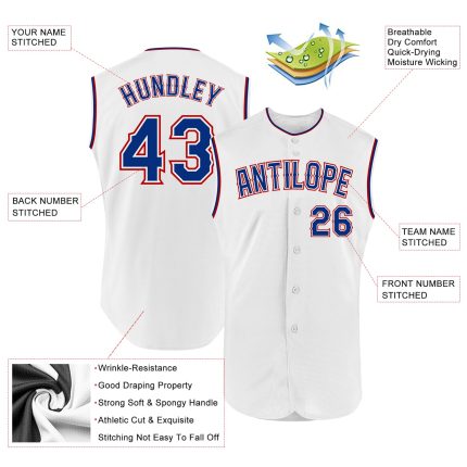 Personalized Authentic Sleeveless Baseball Jersey in White and Royal Red Personalized White Royal-Red Authentic Sleeveless