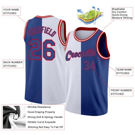 Custom Name and Number Basketball Jersey - Personalized Authentic Split Design - White Royal-Red Fashion Team Uniform Personalized