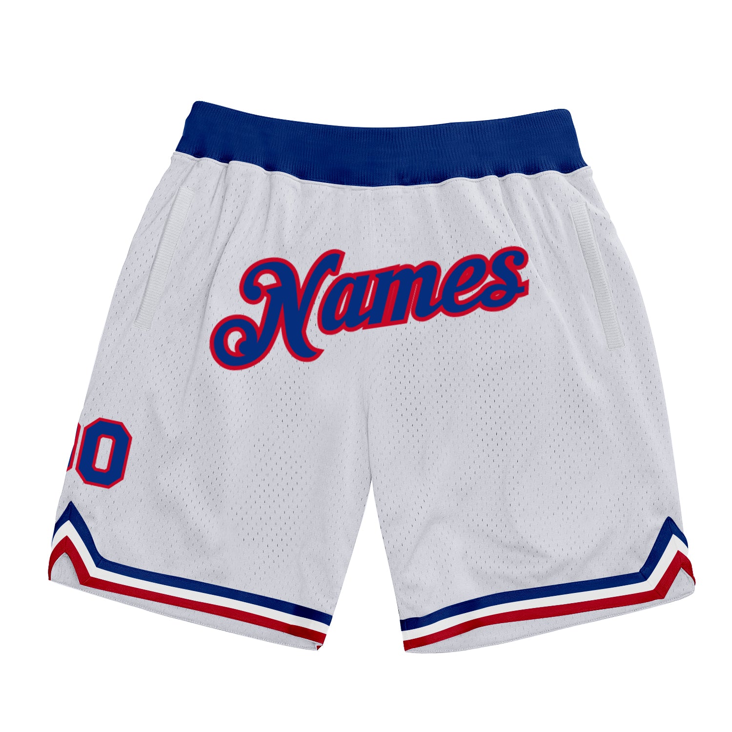 Personalized Authentic Basketball Shorts in White and Royal-Red Throwback Style Personalized White Royal-Red Authentic Throwback