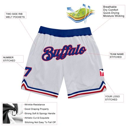 Personalized Authentic Basketball Shorts in White and Royal-Red Throwback Style Personalized White Royal-Red Authentic Throwback