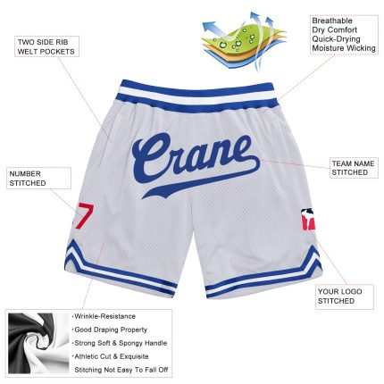 Custom Royal-Red Authentic Throwback Basketball Shorts with Personalized Name and Number - Team Apparel Personalized White