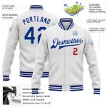Personalized Royal Red White Bomber Varsity Letterman Jacket Full-Snap Personalized White Royal-Red Bomber Full-Snap Varsity