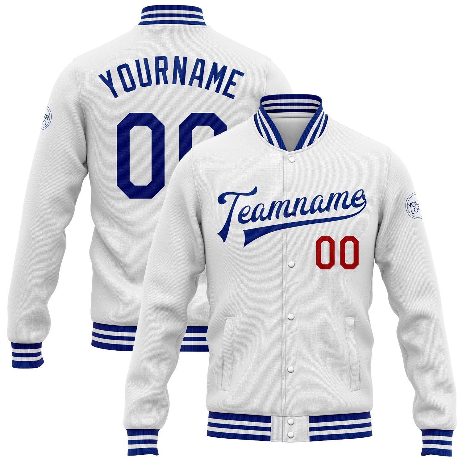 Personalized Royal Red White Bomber Varsity Letterman Jacket Full-Snap Personalized White Royal-Red Bomber Full-Snap Varsity