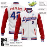 Custom Bomber Jacket with Name & Number | White Royal-Red Varsity Letterman Full-Snap Two Tone Design Personalized White