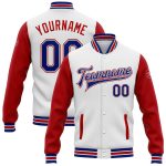 Custom Bomber Jacket with Name & Number | White Royal-Red Varsity Letterman Full-Snap Two Tone Design Personalized White