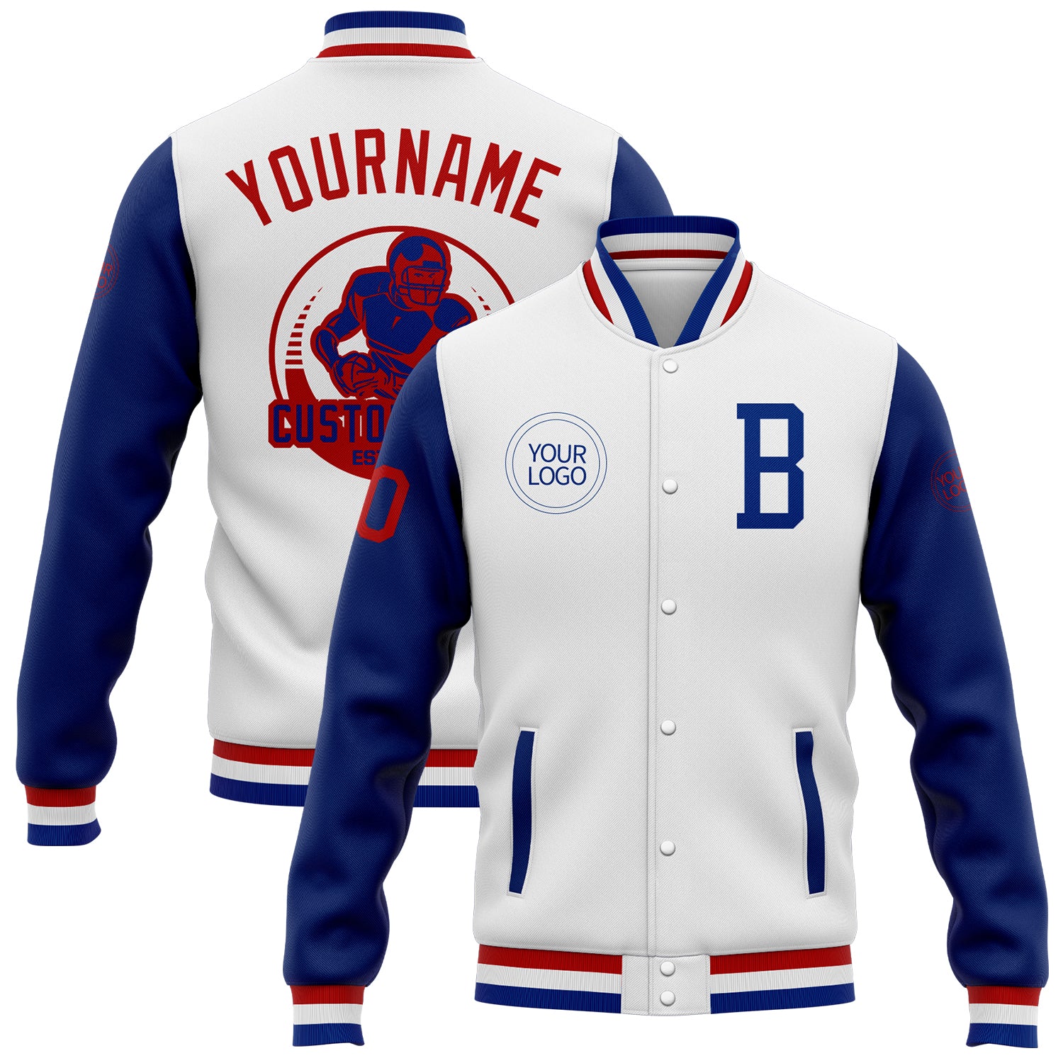 Custom Royal-Red White Bomber Full-Snap Varsity Letterman Jacket - Two Tone Design Personalized White Royal-Red Bomber Full-Snap