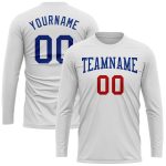Custom Name and Number White Royal-Red Long Sleeve Performance T-Shirt for Teams Personalized White Royal-Red Long Sleeve