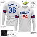 Custom Name and Number White Royal-Red Long Sleeve Performance T-Shirt for Teams Personalized White Royal-Red Long Sleeve