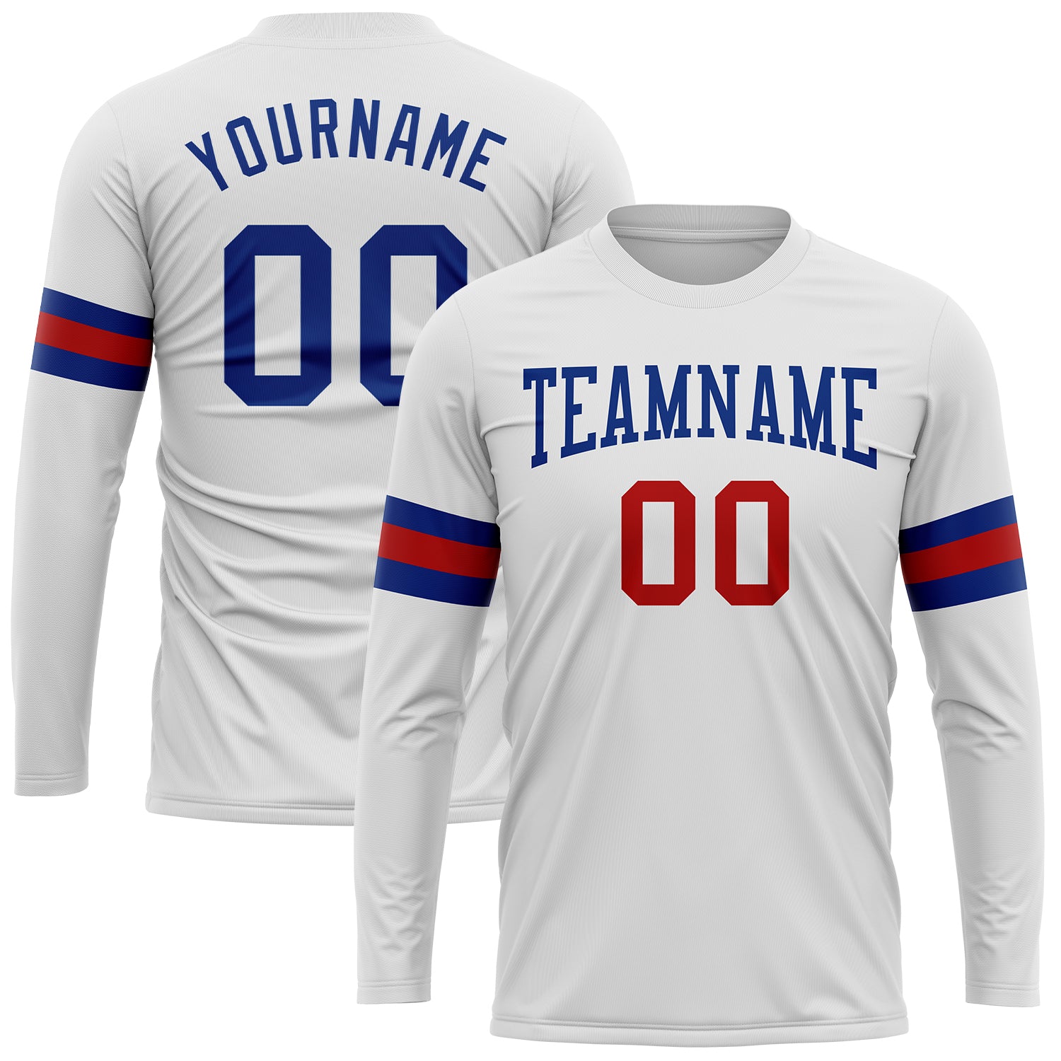 Custom Name and Number White Royal-Red Long Sleeve Performance T-Shirt for Teams Personalized White Royal-Red Long Sleeve