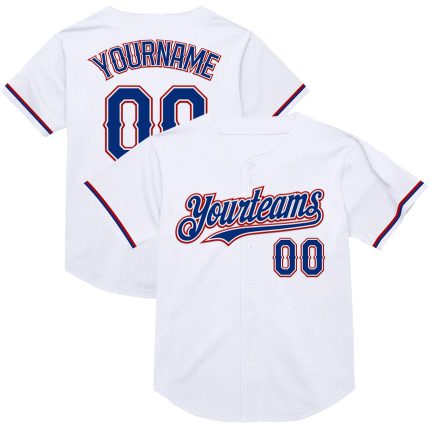 Personalized Red White Authentic Throwback Baseball Jersey - Custom Mesh Design Personalized White Royal-Red Mesh Authentic
