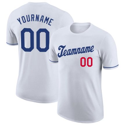 Custom Team Name and Number Personalized White Royal-Red Performance T-Shirt Personalized White Royal-Red Performance T-Shirt