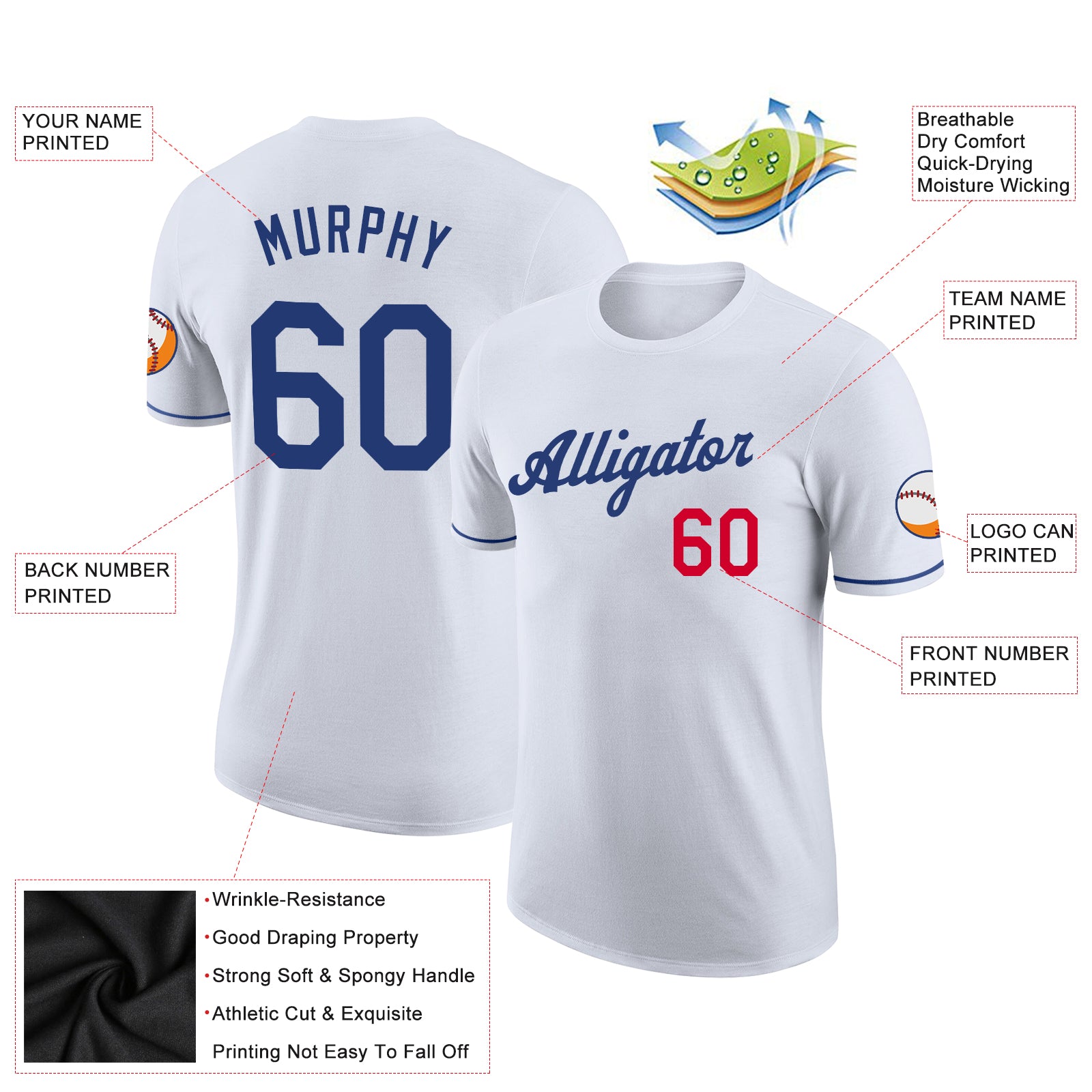 Personalized White Royal-Red Performance T-Shirt Team Custom Name and Number Custom Team Name and Number Personalized White Royal-Red Performance T-Shirt Personalized White Royal-Red Performance T-Shirt - Image 2