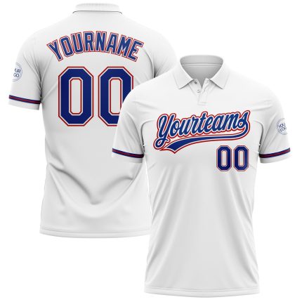 Custom Name and Number Personalized Vapor Golf Polo Shirt - White Royal-Red Performance Design Personalized White Royal-Red