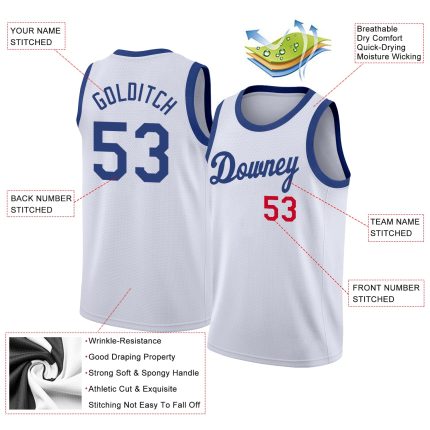 Custom Name Number Personalized Red White Rib-Knit Basketball Jersey Round Neck Team Personalized White Royal-Red Round Neck