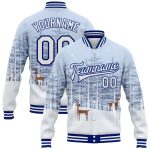 Custom Name Number Snowy Forest 3D Pattern White Royal Reindeers Bomber Varsity Full-Snap Jacket Personalized White Royal