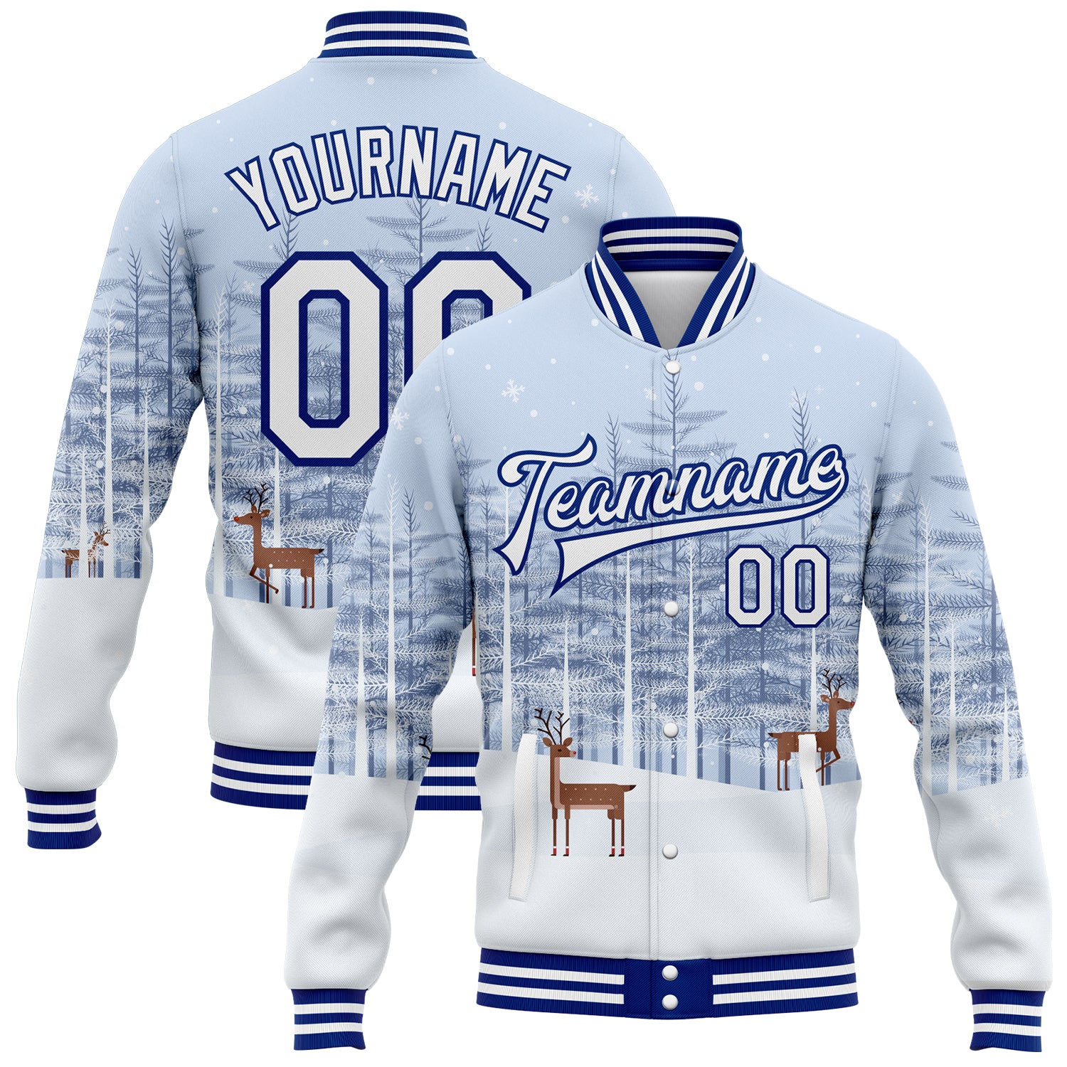 Custom Name Number Snowy Forest 3D Pattern White Royal Reindeers Bomber Varsity Full-Snap Jacket Personalized White Royal