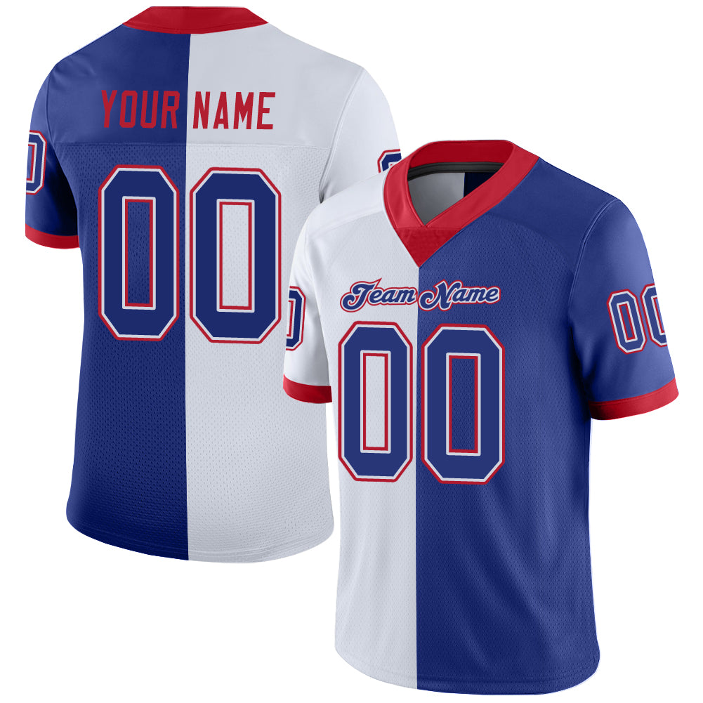 Custom Name Number Football Jersey - Personalized Royal-Scarlet Mesh Split Design Personalized White Royal-Scarlet Mesh Split