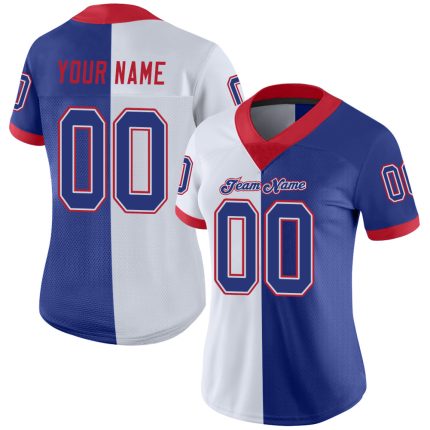 Custom Name Number Football Jersey - Personalized Royal-Scarlet Mesh Split Design Personalized White Royal-Scarlet Mesh Split