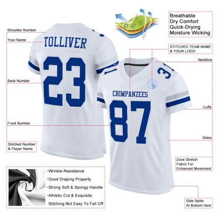 Custom Personalized Football Jersey - White Royal-Silver Mesh with Team Name & Number Personalized White Royal-Silver Mesh