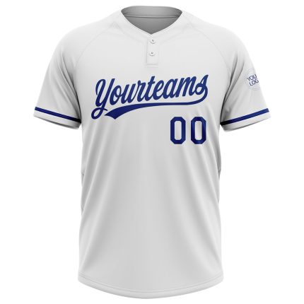 Personalized White Royal Softball Jersey for Unisex, Two-Button Style Personalized White Royal Two-Button Unisex Softball