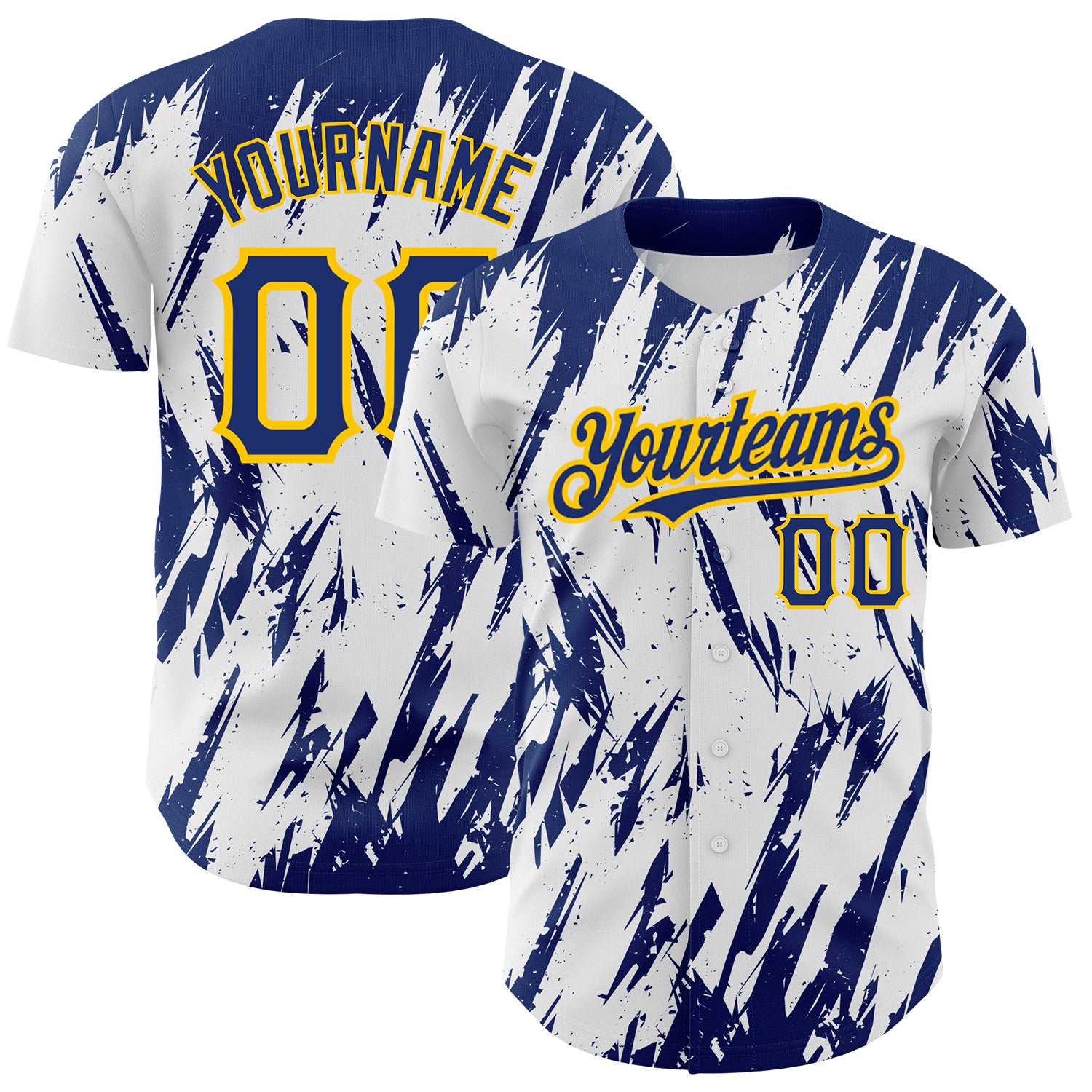 Personalized Abstract 3D Baseball Jersey with Custom Name and Number - White Royal-Yellow Sharp Shape Design Personalized