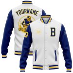 Custom Two-Tone Royal Yellow and White Bomber Varsity Full-Snap Jacket Personalized White Royal-Yellow Bomber Full-Snap Varsity