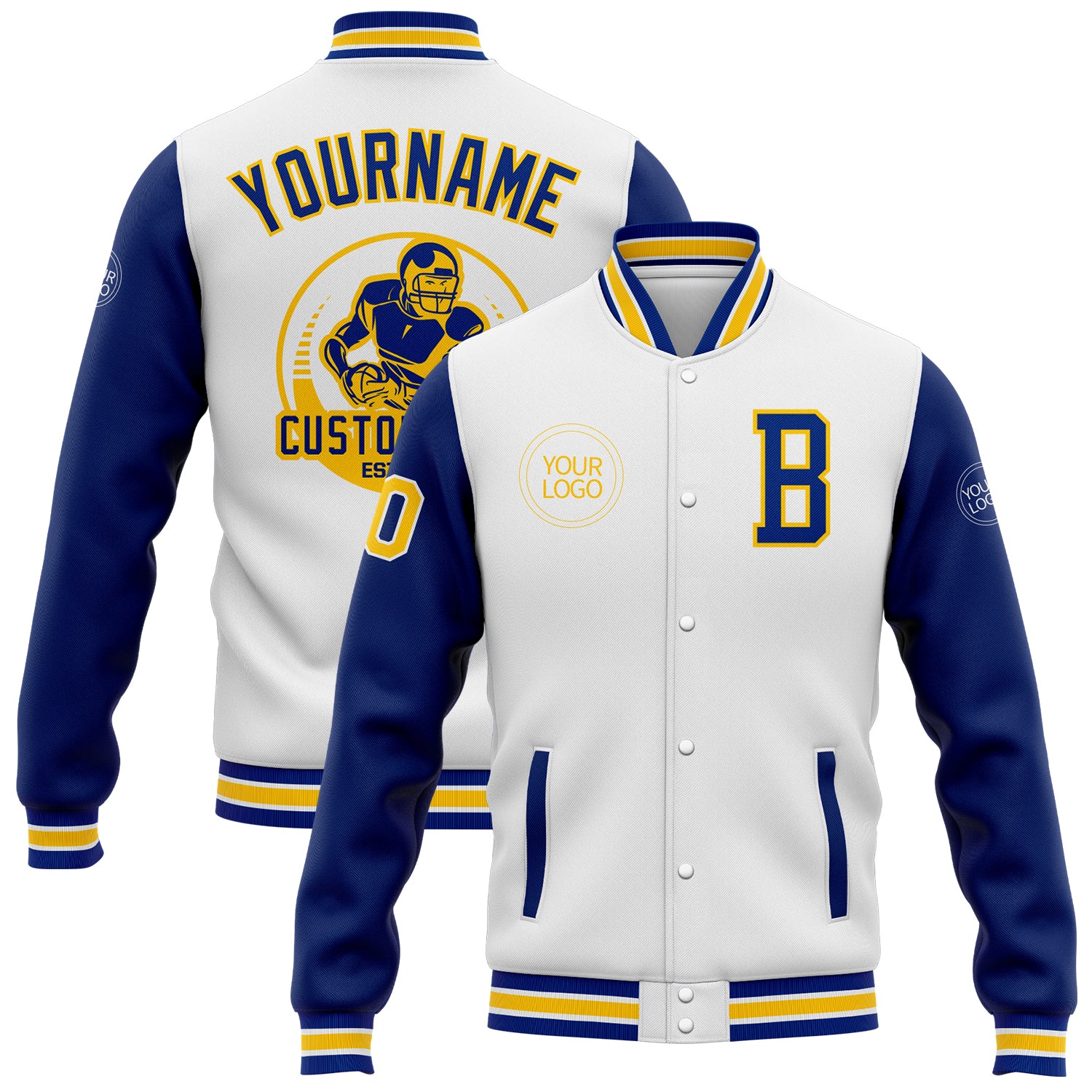 Custom Two-Tone Royal Yellow and White Bomber Varsity Full-Snap Jacket Personalized White Royal-Yellow Bomber Full-Snap Varsity