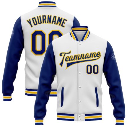 Custom Team Jacket with Name and Number - Personalized Royal-Yellow Bomber Full-Snap Varsity Letterman Two Tone Jacket Personalized