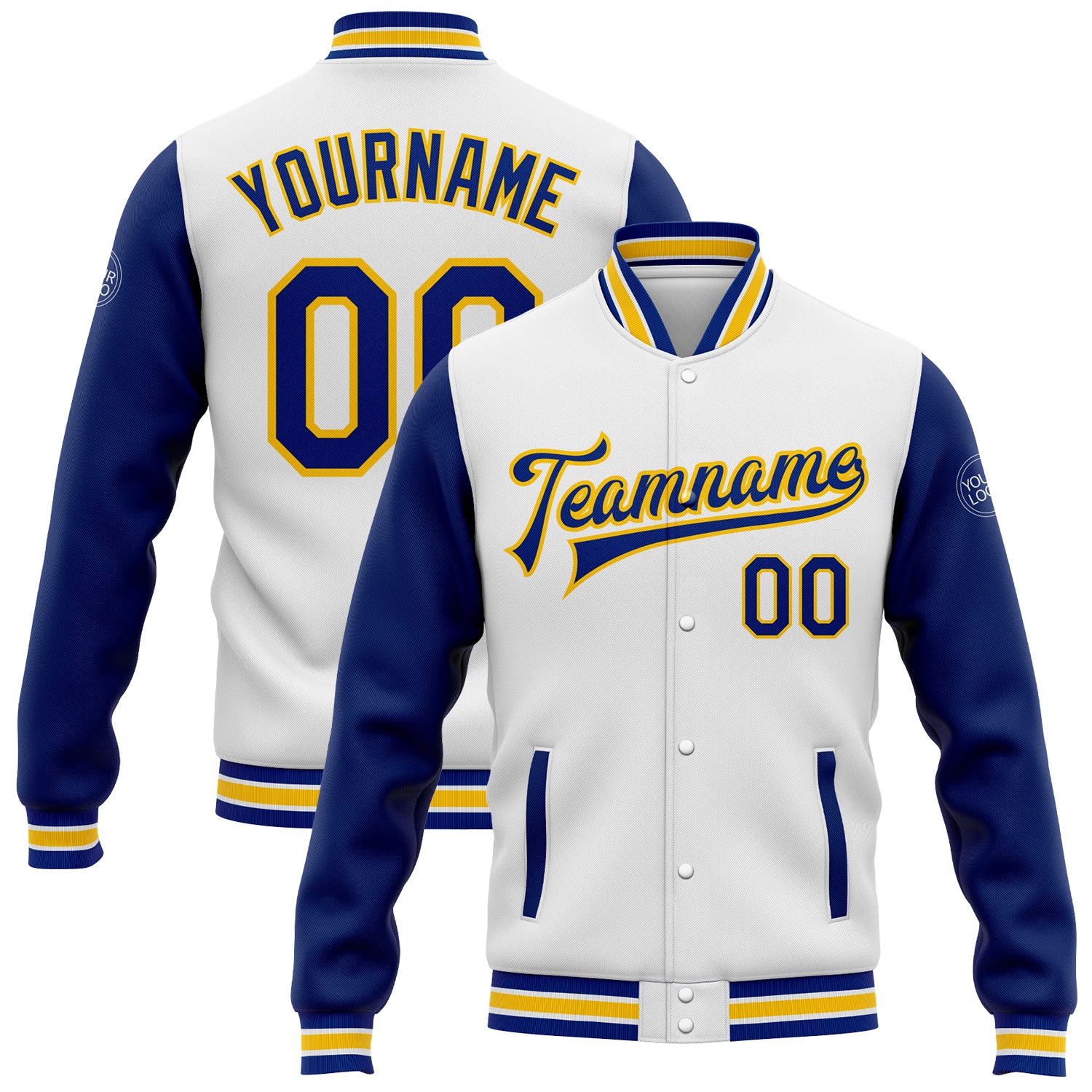 Custom Team Jacket with Name and Number - Personalized Royal-Yellow Bomber Full-Snap Varsity Letterman Two Tone Jacket Personalized