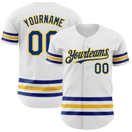 Custom Name and Number Personalized Authentic Baseball Jersey - White Royal-Yellow Line Design Personalized White Royal-Yellow