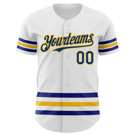 Custom Name and Number Personalized Authentic Baseball Jersey - White Royal-Yellow Line Design Personalized White Royal-Yellow