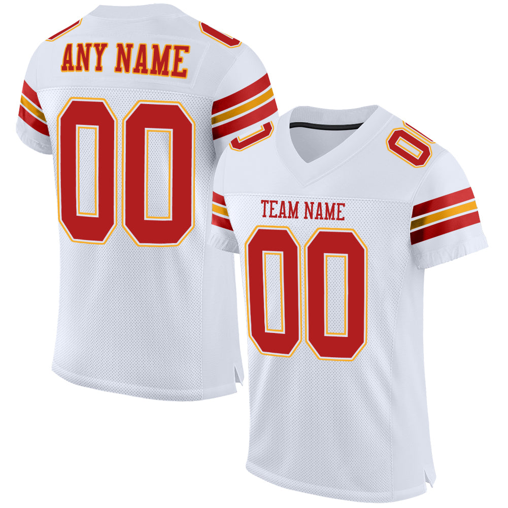 Custom Personalized Football Jersey - White Scarlet-Gold Mesh with Team Name & Number Personalized White Scarlet-Gold Mesh