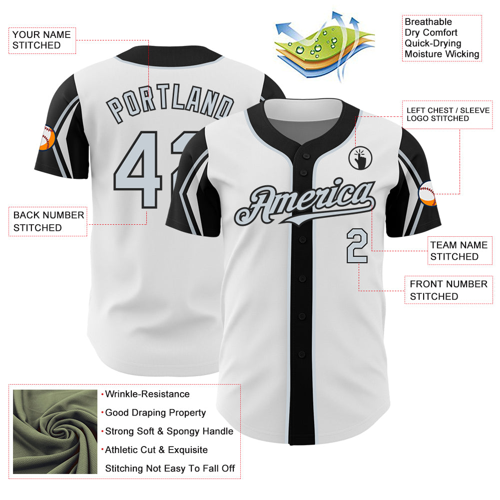 Personalized White Silver-Black 3 Colors Arm Shapes Authentic Baseball Jersey Team Custom Name and Number Custom Team Name Number Baseball Jersey - Personalized White Silver Black 3 Colors Authentic Design with Arm Shapes Personalized - Image 4