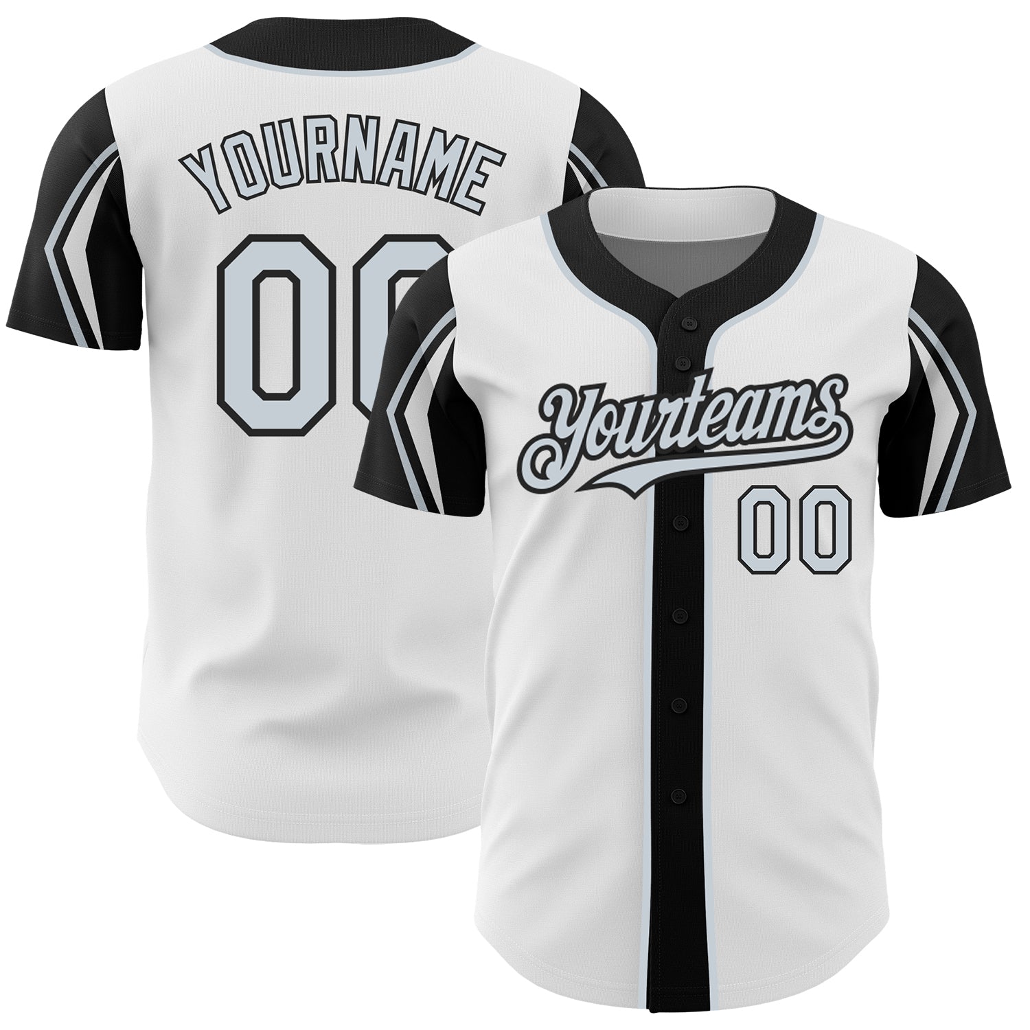 Custom Team Name Number Baseball Jersey - Personalized White Silver Black 3 Colors Authentic Design with Arm Shapes Personalized