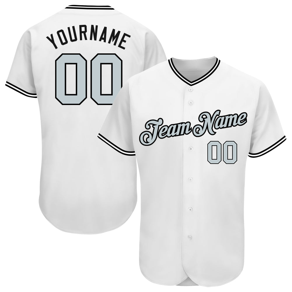 Custom Name and Number Authentic Baseball Jersey - Personalized White Silver-Black Team Apparel Personalized White Silver-Black