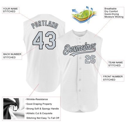 Personalized Authentic Sleeveless Baseball Jersey in White Silver-Black Personalized White Silver-Black Authentic Sleeveless