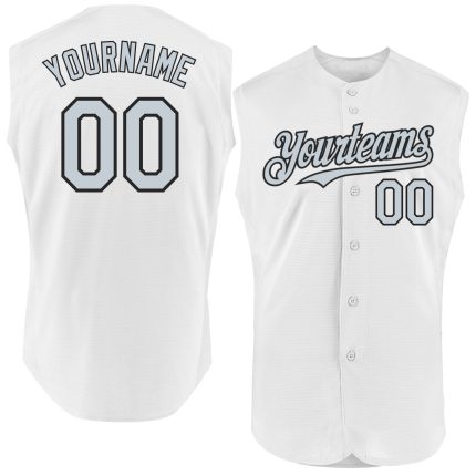 Personalized Authentic Sleeveless Baseball Jersey in White Silver-Black Personalized White Silver-Black Authentic Sleeveless