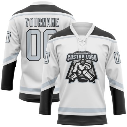 Custom Name and Number Hockey Jersey - Personalized White Silver-Black Lace Neck Design, Team Apparel Personalized White
