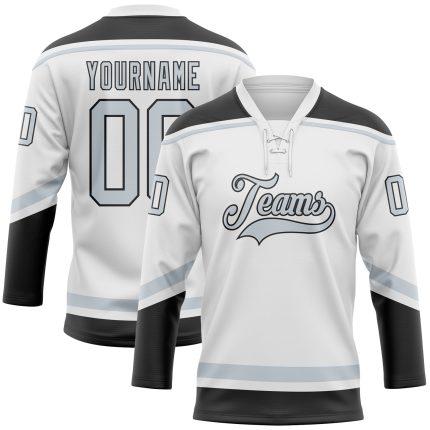 Custom Name and Number Hockey Jersey - Personalized White Silver-Black Lace Neck Design, Team Apparel Personalized White