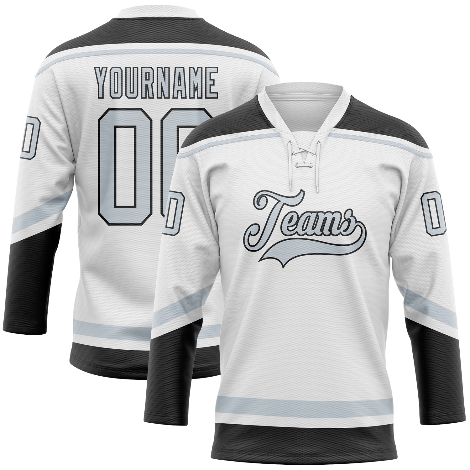 Custom Name and Number Hockey Jersey - Personalized White Silver-Black Lace Neck Design, Team Apparel Personalized White