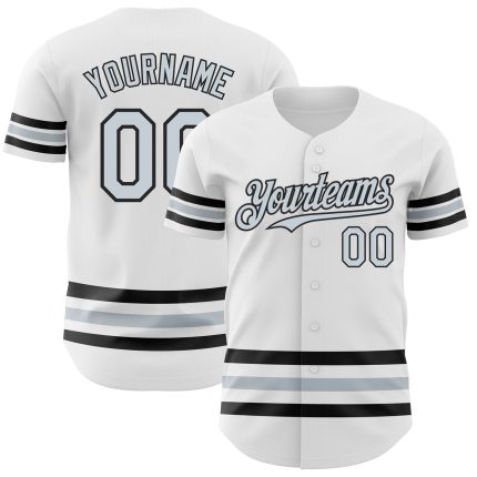 Custom Name and Number Authentic Baseball Jersey - Personalized White Silver Black Line Design Personalized White Silver-Black