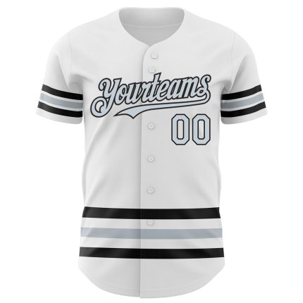 Custom Name and Number Authentic Baseball Jersey - Personalized White Silver Black Line Design Personalized White Silver-Black