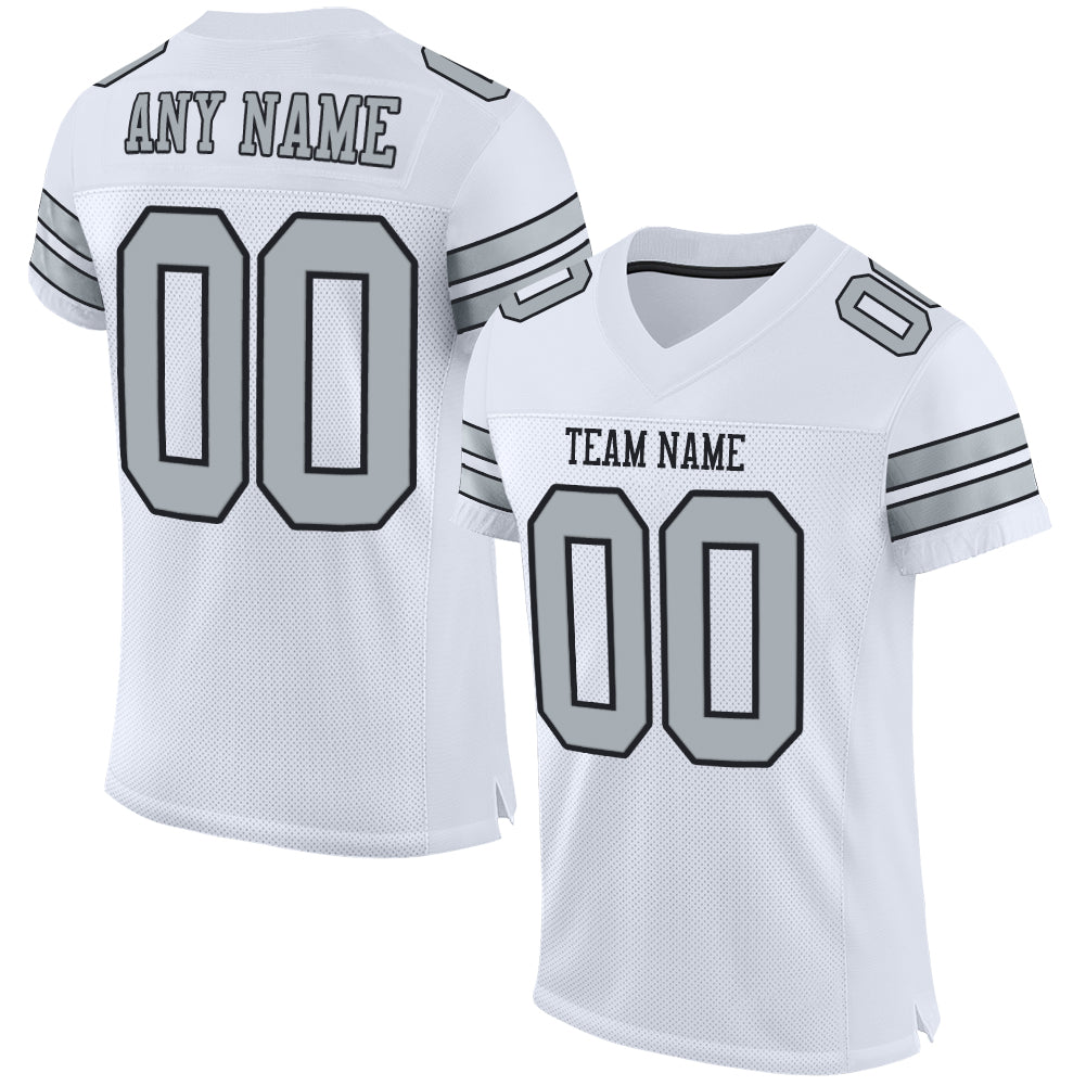 Customizable Silver-Black Mesh Football Jersey - Personalized Authentic Sportswear Personalized White Silver-Black Mesh Authentic