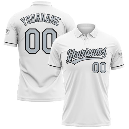 Custom Name Number Performance Vapor Golf Polo Shirt in White Silver-Black - Personalized Team Apparel Personalized White