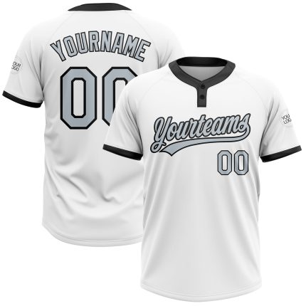 Custom Name and Number Unisex Softball Jersey - Personalized Two-Button in White Silver-Black Personalized White Silver-Black